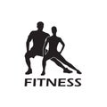 Muscled man and woman black silhouettes isolated on white background. Fitness symbol or label.  Vector illustration Royalty Free Stock Photo